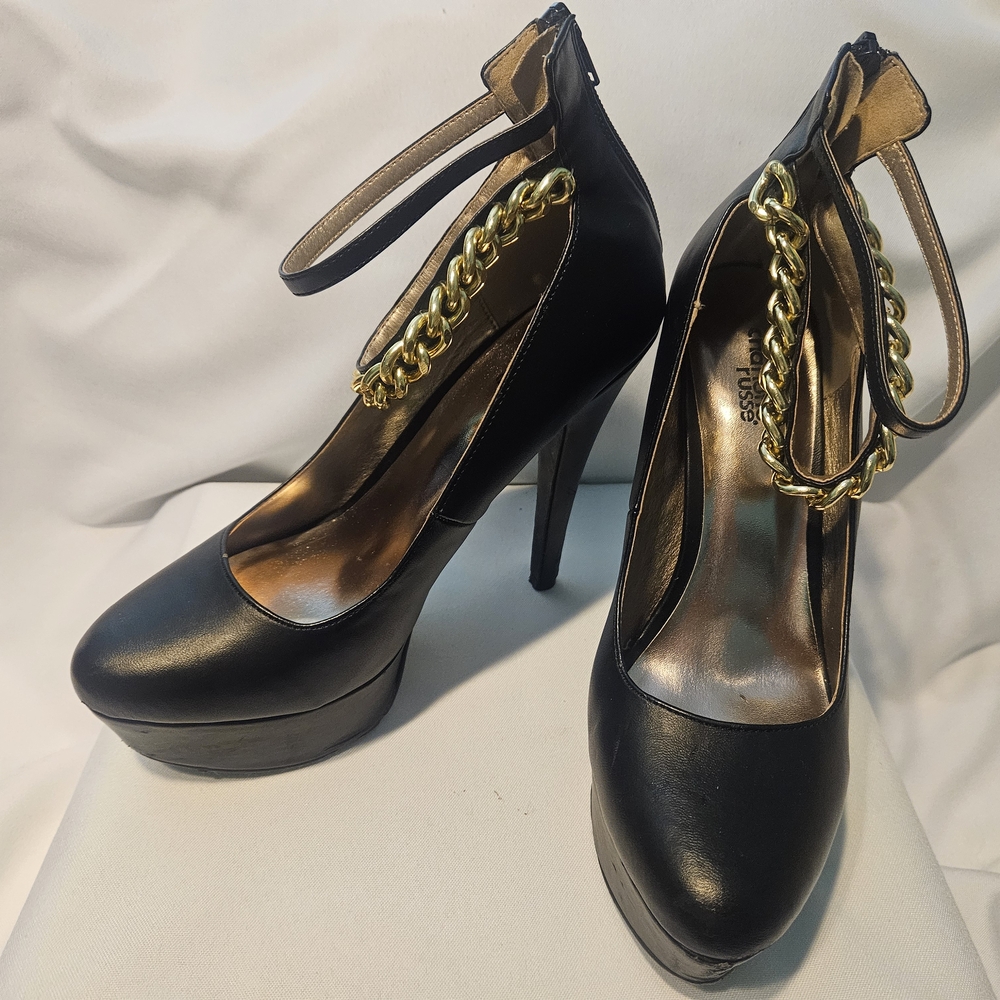 Charlotte Russe Black Heels with Gold Chain Detail